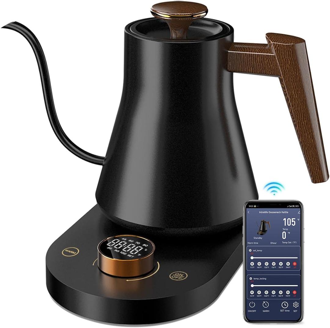 Smart Electric Gooseneck Kettle, Pro Pour-Over Coffee & Tea Kettle, WiFi Remote Control,1 Temp Control, 7 Presets, Hot Water Heater, Quick Boiling, 100% Stainless Steel Inner Lid, 1000W, 0.8L Teapot