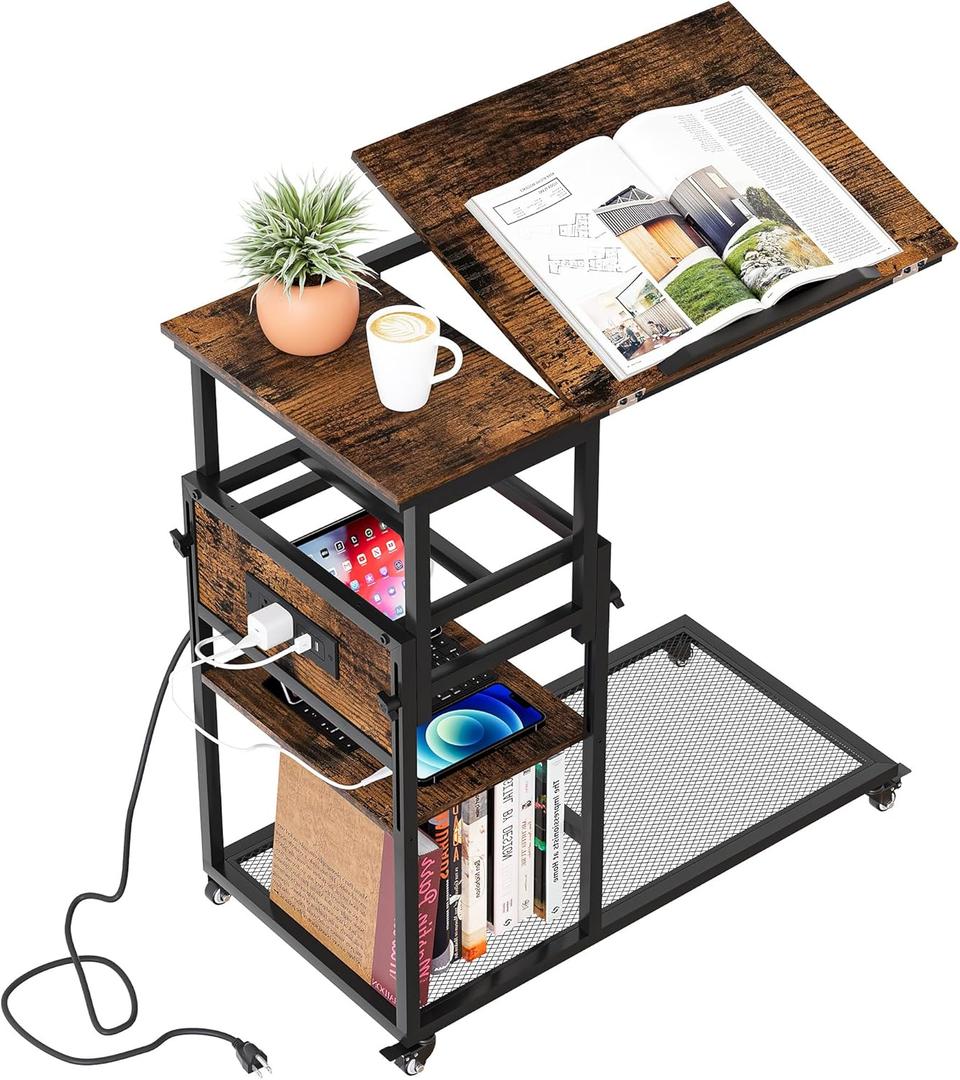 C Shaped Side Table with Adjustable Height & Power Outlet, 35.04 Tall Storage End Table for Living Room, Slide Under Couch Table for Sofa, Bedroom, Rustic Brown