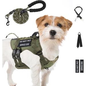 No Pull Tactical Dog Harness for Small Dogs, Escape Proof Molle Dog Vest Harness and Leash Set, Adjustable Military Service Dog Harness with Handle for Medium Large Dogs (Green, S)