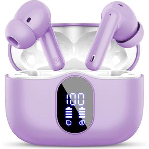 Wireless Earbuds Bluetooth 5.4 Headphones Bass Stereo Ear Buds with Noise Cancelling Mic LED Display in Ear Earphones IP7 Waterproof 36H Playtime for Laptop Pad Phones Sports Workout Purple