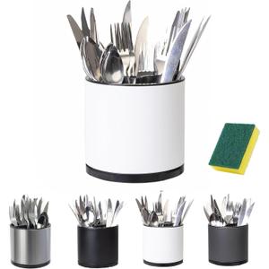 LIBODOUR Utensil Holder,Kitchen Utensil Holder For Counter,Rotating Silverware Organizer Cooking Flatware Spoon Spatula Tool Cutlery Container Stainless Steel Caddy (Medium, white)