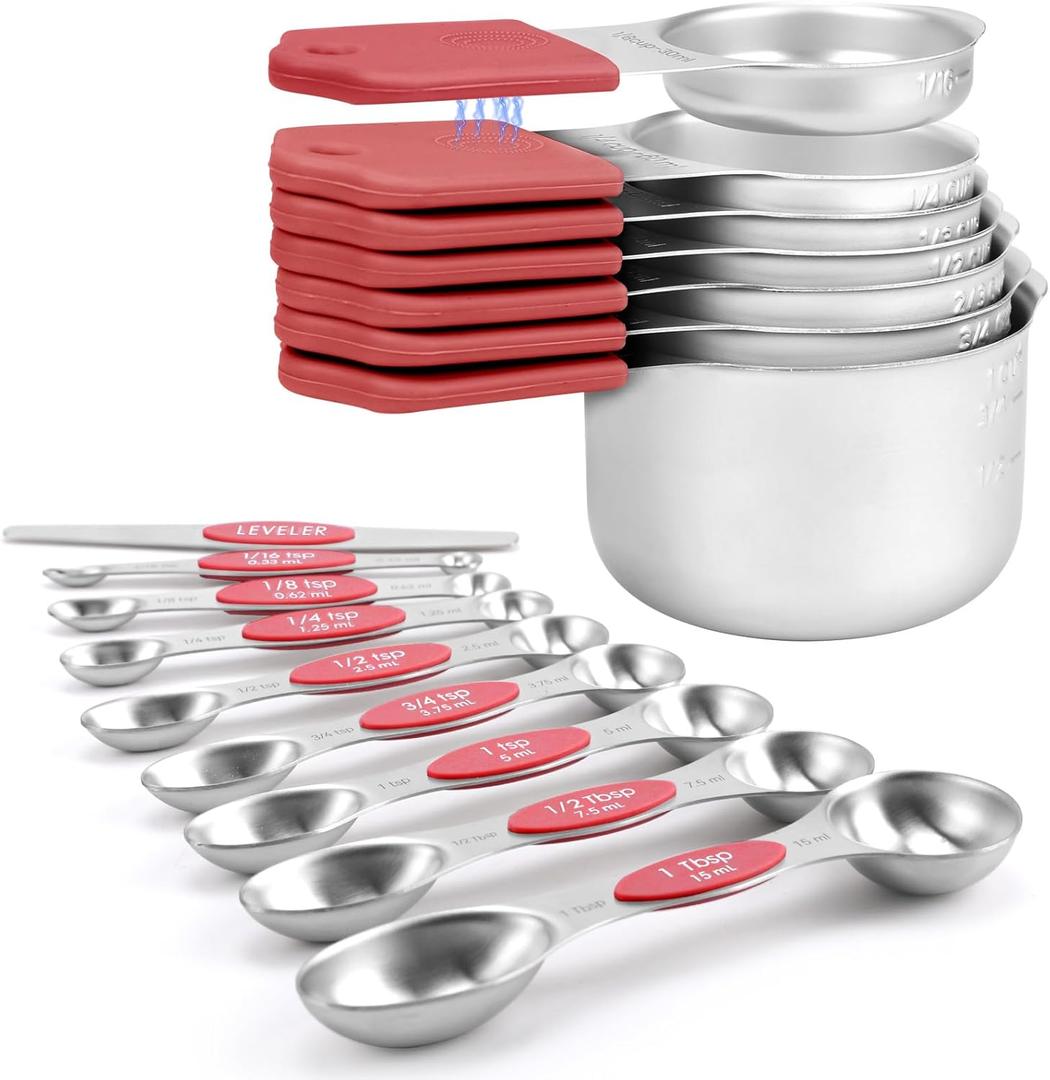 Magnetic Measuring Cups and Spoons Set-Heavy Duty 304 Stainless SteelDouble Measurement MarkingsSet of 16 with Leveler for Measure Dry and Liquid Ingredients (Red)