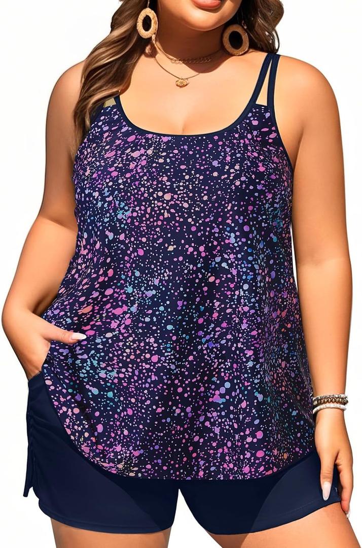 Plus Size Tankini Swimsuits - Women Two Piece Tankini Top with Shorts Flowy Swimsuit 2025 Bathing Suits (Star Whole Sky) 22W