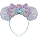 Mermaid Mouse Ears Headband for Women, Purple Scallop Mouse Ears Sequin Bows Headband Mouse Ears for Adult Park Ears