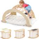 JOYMOR 5-in-1 Pikler Triangle Climber Arch Rocker with Cushion Sensory Table Set for Kids, Montessori Wooden Climbing Toys for Toddlers Inside with Collapsible Storage Basin & Blackboard