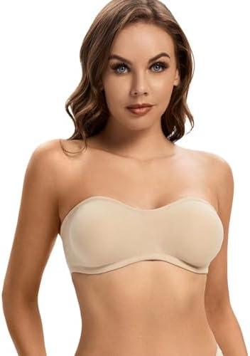 ANGOOL Strapless Bra for Women Padded Non-Slip Silicone Bandeau Bra Seamless Comfortable Wirefree Tube Top Bralette, (Beige, Small)