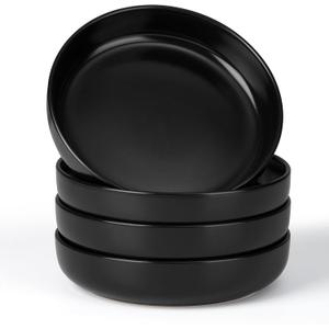 E-far Pasta Bowls Set of 4-35oz Ceramic Large Serving Salad Bowls, Wide & Shallow Stoneware Pasta Plates for Salad, Soup, Dinner| Dishwasher & Microwave Safe | Matte Black