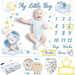 Baby Milestone Blanket for Baby Boy Girl, Elephant Baby Monthly Milestone Blanket Baby Growth Blanket Newborn Photography Background with Wooden Signs, Frames, Bandana