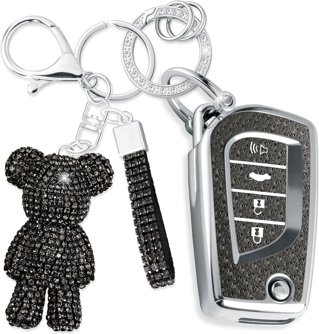 Cute Key Fob Cover with Rhinestone Bear Charm, Bling TPU Smart Key Case for Women, Compatible with Toyota 4Runner,Avalon,Camry Corolla Fortuner Highlander RAV4 LE (4-Button, Silver Black)