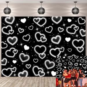Black Heart Backdrop for Photography Early 2000s Glitter Heart Birthday Banner Valentine Day Party Background Decor Photo Booth Props