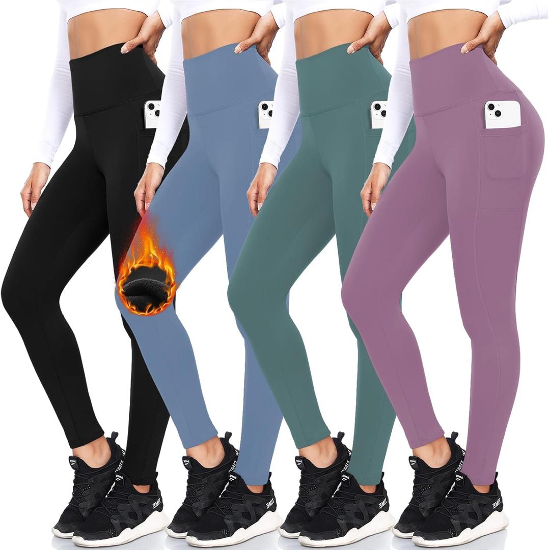 FULLSOFT 4 Pack Fleece Lined Leggings with Pockets for Women High Waisted Thermal Winter Warm Yoga Pants for Workout Running. Large-XL