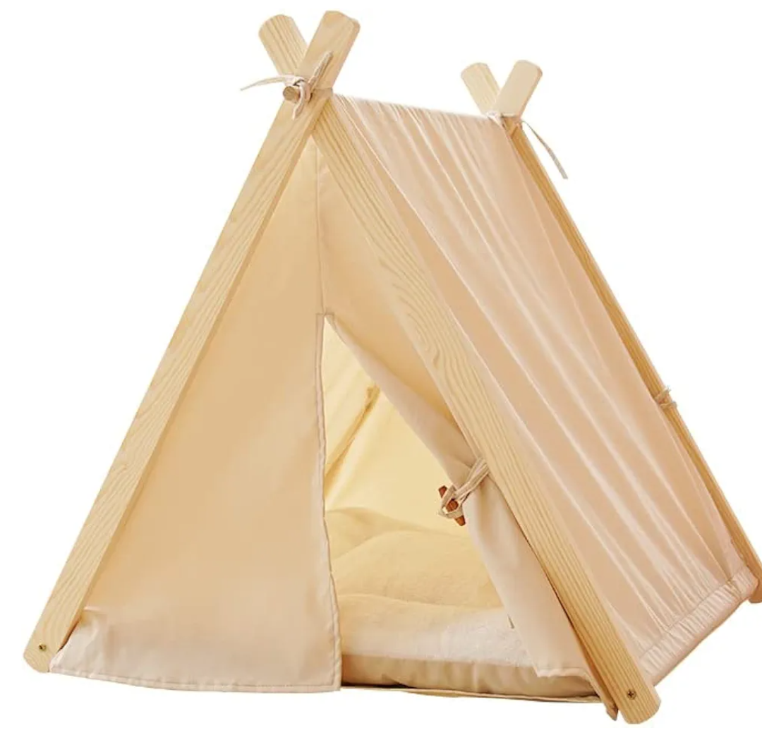 Solid Wood Cat Indoor Tent with Thick Mat, Portable Dog House Dog Teepee Tent, Cute Cat Teepee Cave Cat Bed,Dog Bed (Off White, M)