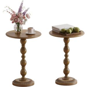 Small Round Metal Side Table, Lightweight Decorative Drink Table with Vintage Roman Column, Retro Distressed Accent Table for Living Room, Bedroom, Corners (2, Antique Gold)