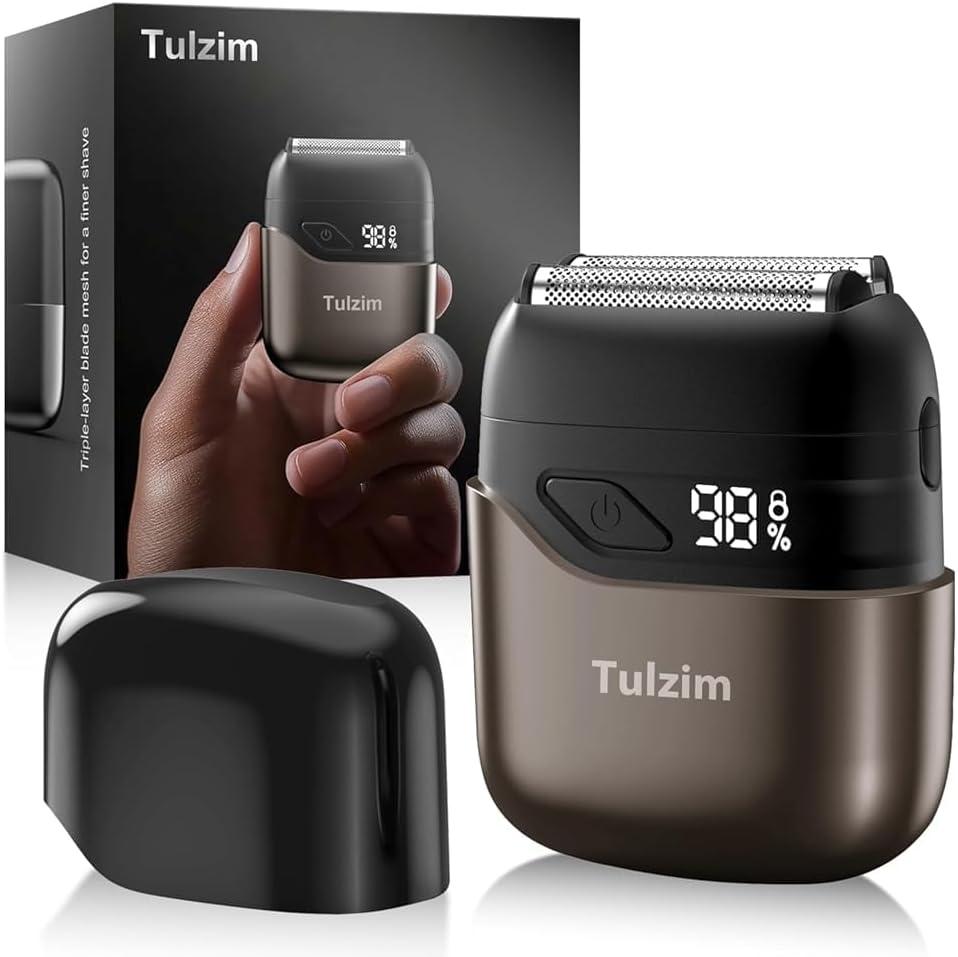 Tulzim Electric Foil Shaver for Men: Mini Electric Razor for Beard/Face - IPX7 Waterproof Cordless Razor with LED Display, 3 Floating Blade USB-C Fast Rechargeable for Travel & Home, Brown