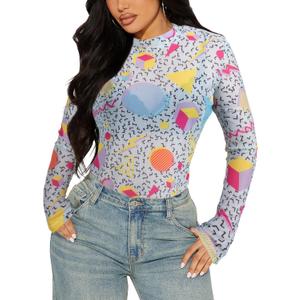 80s 90s Mesh Long Sleeve Shirt Women 90s 80s Themed Party Outfits Retro Sexy Neon Disco See Through Mock Neck Tops (M)