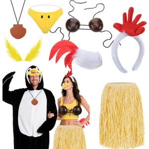 Mepase 8 Pcs Halloween Couple Costume Chicken Penguin Costume Accessories Include Chicken Headband & Tail Coconut Bra Hawaiian Grass Skirt Set for Adults Cosplay Party