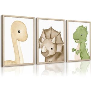 Dinosaur Wall Art Kids Boys Room Canvas Wall Decor Dino Nursery Wall Art Pictures Baby Dinosaur Poster Prints for Boys Bedroom Bathroom 16x24 Inch Wood Framed Set of 3