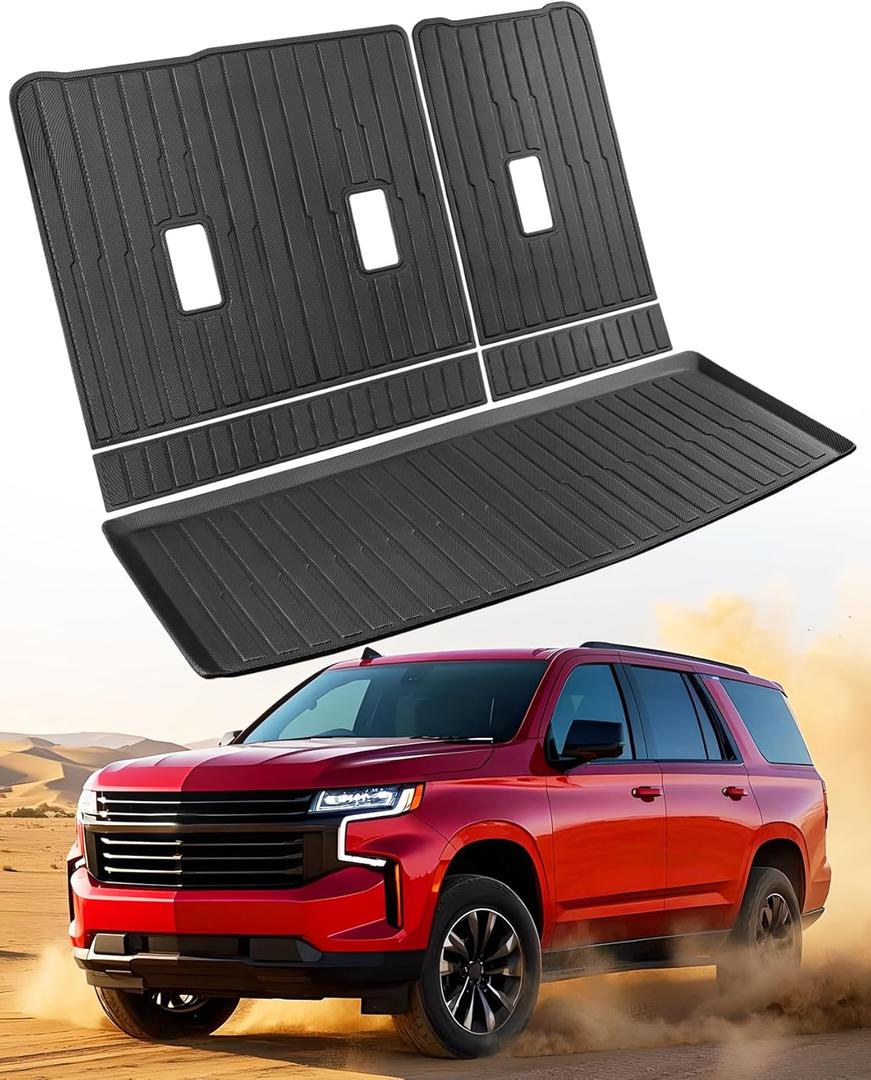 Cargo mats with Backrest Mat for Chevy Tahoe 2021 2022 2023 2024 2025 & for GMC Yukon 2022-2025 (Excluding XL) 7 seat Trunk Liner, All Weather TPE Car Accessories for Tahoe 21-25 & for Yukon 22-25(White)