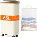 Lifewit 80L Laundry Basket with Lid, Clothes Hampers for Laundry with Bamboo Handles and A Removable Bag, Large Foldable Laundry Hamper for Bedroom, Bathroom, Dorm, Laundry Room, White with Wheels (65L)