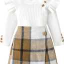 Toddler Girl Clothes,Girls Outfits Long Sleeve Ruffle Button Tops + Plaid Skirt Shorts + Hat 3Pc Little Girls Clothes (6-7T, White+brown Plaid)