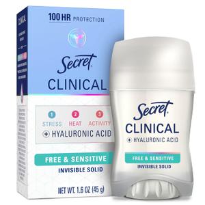 Secret Clinical Strength Antiperspirant Deodorant for Women, Free & Sensitive, 100hr Sweat & Odor Protection, 3X Stress Protection with Hyaluronic Acid, PH Balanced, Invisible Solid, Unscented, 1.6 oz