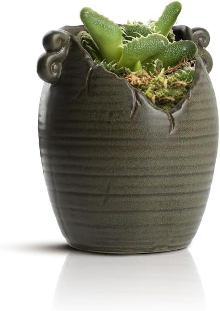 Retro Succulent Planter Ceramic Flower Pot for Indoor Outdoor, Cactus Planter Pot with Drainage Hole for Home & Office Decor, Brown (6.3*7.3*4 in)