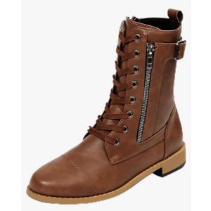 Women's Leather Chunky Heel Ankle Boots with Side Zipper Fashion Buckle Strap Comfortable Round Toe Low Heels Lace Up Combat Bootie Fall Winter Retro Casual Work Short Boots. Size C23/7