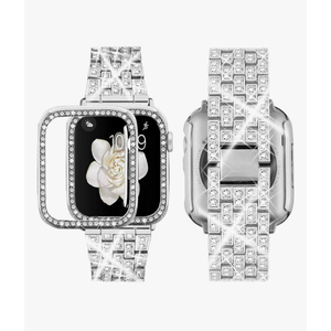 Supoix Compatible with Apple Watch Band 38mm 40mm 41mm 42mm 44mm 45mm 46mm 49mm+ Case, Women Jewelry Bling Diamond Rhinestone Replacement Metal Bands & 2 Pack PC Protector Case for iWatch Ultra 2/ Ultra Series, Silver