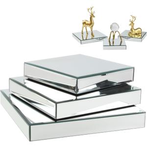 Square Mirror Reflection Display Platform Riser Stand, Silver Mirror Purses Shoe Table Centerpiece Display Stand Shelf for Decorative Pieces, Glam Accent Dessert Jewelry Showpeice Display Rack