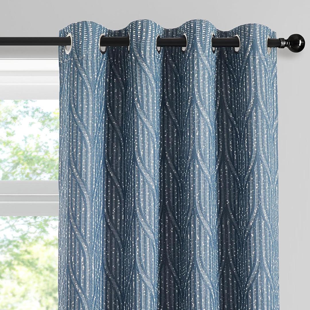 Blue and White 100% Blackout Geometric Jacquard Curtains - Thermal Insulated Noise Reducing Drapes for Bedroom and Living Room, 52" x 96"