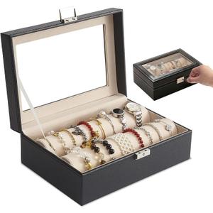 Bracelet Display Holder for Bangles Watches, Bangle Box with Clear Lid Jewelry Organizers Storage Case, Bracelet Holder for Women Girls (Black-2 Rods)