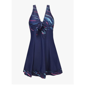 MiYang Women's One Piece High Waist Printing Swim Dress Padded Swimwear, XXL, Dark Blue