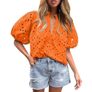 BETTE BOUTIK Women's Long Short Sleeve Tops 2025 Dressy Casual Button Hollow Out Lace Embroidered Blouses Shirts (Orange, M)