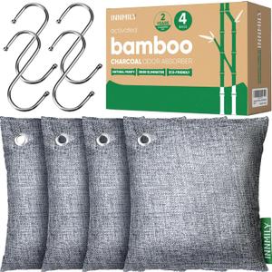 Activated Charcoal Odor Absorber,Large 4x500g w Hooks Nature Odor Eliminator for Strong Odor,Bamboo Charcoal Air Purifying Bags,Moisture Absorbers for Fresh Home Car Closet Pet,Smoke Room Deodorizer