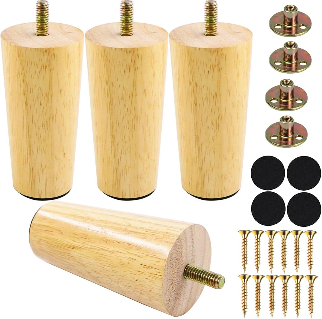 4 Inches Round Solid Wood Furniture Legs Set of 4, Natural Wooden Replacement Feet with Threaded 5/16'' Hanger Bolts for Sofa, Couch, Armchair, Cabinet, TV Stand, Ottoman and Dresser