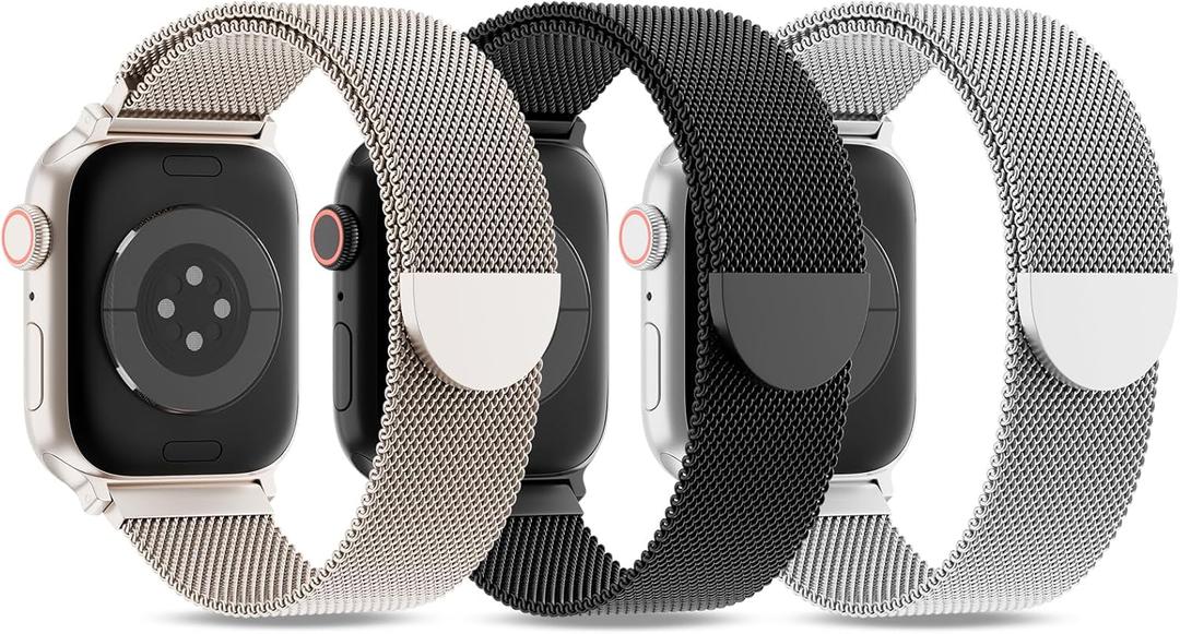 3 Pack Metal Mesh Loop Compatible with Apple Watch Band 38mm 40mm 41mm 42mm 44mm 45mm 46mm 49mm Women Men, Stainless Steel Magnetic Clasp Strap for iWatch Series 11 10 9 8 SE 7 6 5 4 3 2 1 Ultra (Black/Silver/Starlight)