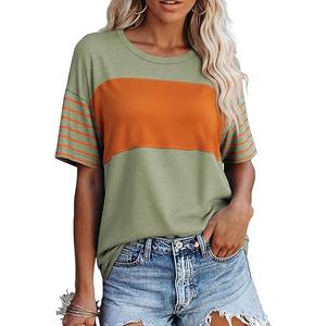 SHEWIN Womens Casual Short Sleeve Shirts Loose Crewneck Color Block Tshirts Tops (Small, B Light Green)