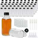Small Clear Glass Bottles with Lids, 4 oz Glass Containers with Labels, Funnels and Brushes, Round Sample Bottles for Juice, Oils, Ginger Shots, Whiskey, Liquids, 50 Pack