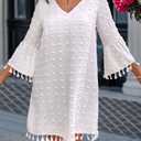 CHICME Women's Summer Dress Swiss Dot V Neck Bell Sleeve Shift Dress Casual Flowy Mini Dresses (White, S)