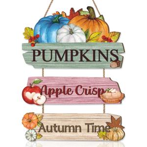Aurlan Pumpkin Fall Wooden Sign,Autumn Time Decor,Rustic Autumn Wall Plaque,Colorful Pumpkin Wall Hanging,Apple Crisp Maple Leaf Door Hanger,Fall Thanksgiving Wooden Door Decor for Yard Home Room Porch