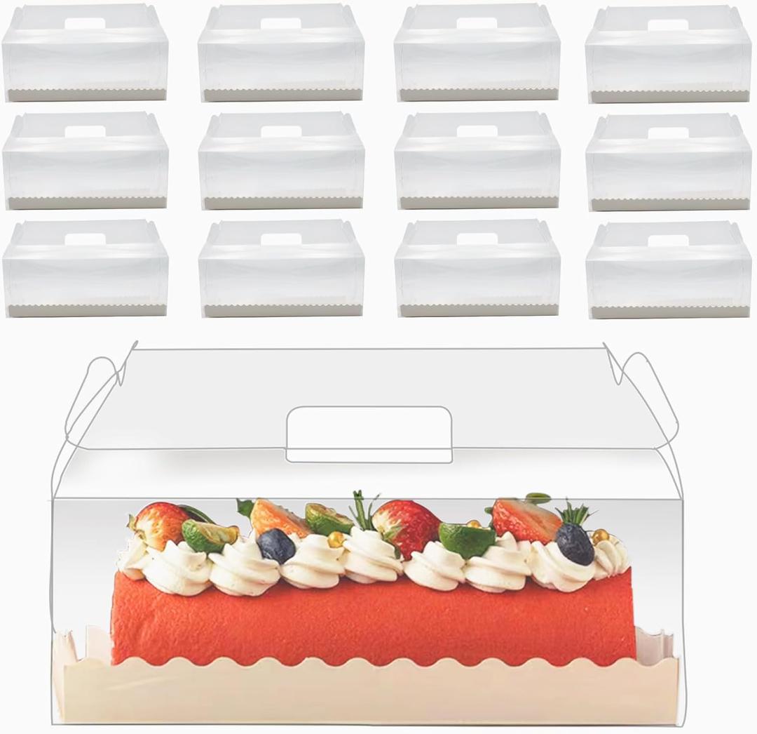 20 Pcs 11 Inch Clear Roll Cake Gable Boxes with Handle & Cake Boards, Transparent Plastic Gift Boxes, Easy Carrying Pastry Containers for Bakery Christmas Wedding, Size: 11 x 4.3 x 4 (Large, Clea)
