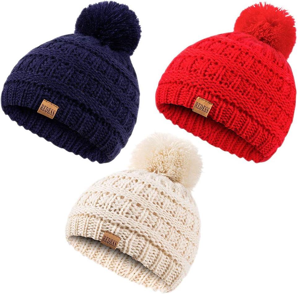 REDESS Baby Kids Winter Warm Hats, Infant Toddler Children Pom Pom Beanie Knit Cap Girls Boys (0-3T, Beige+red+navy)