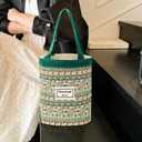 2 x Women Tote Bag,Small Jute Casual Tote's Handbag Embroidered Personalized Bucket Bag,Reusable Grocery Shopping Bags (Green)