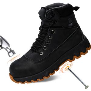 Mens work boots Composite Toe Boots for Men Genuine Leather Rubber Sole No Slip Waterproof Shoes Industrial & Construction Safety boots (Black), 9.5
