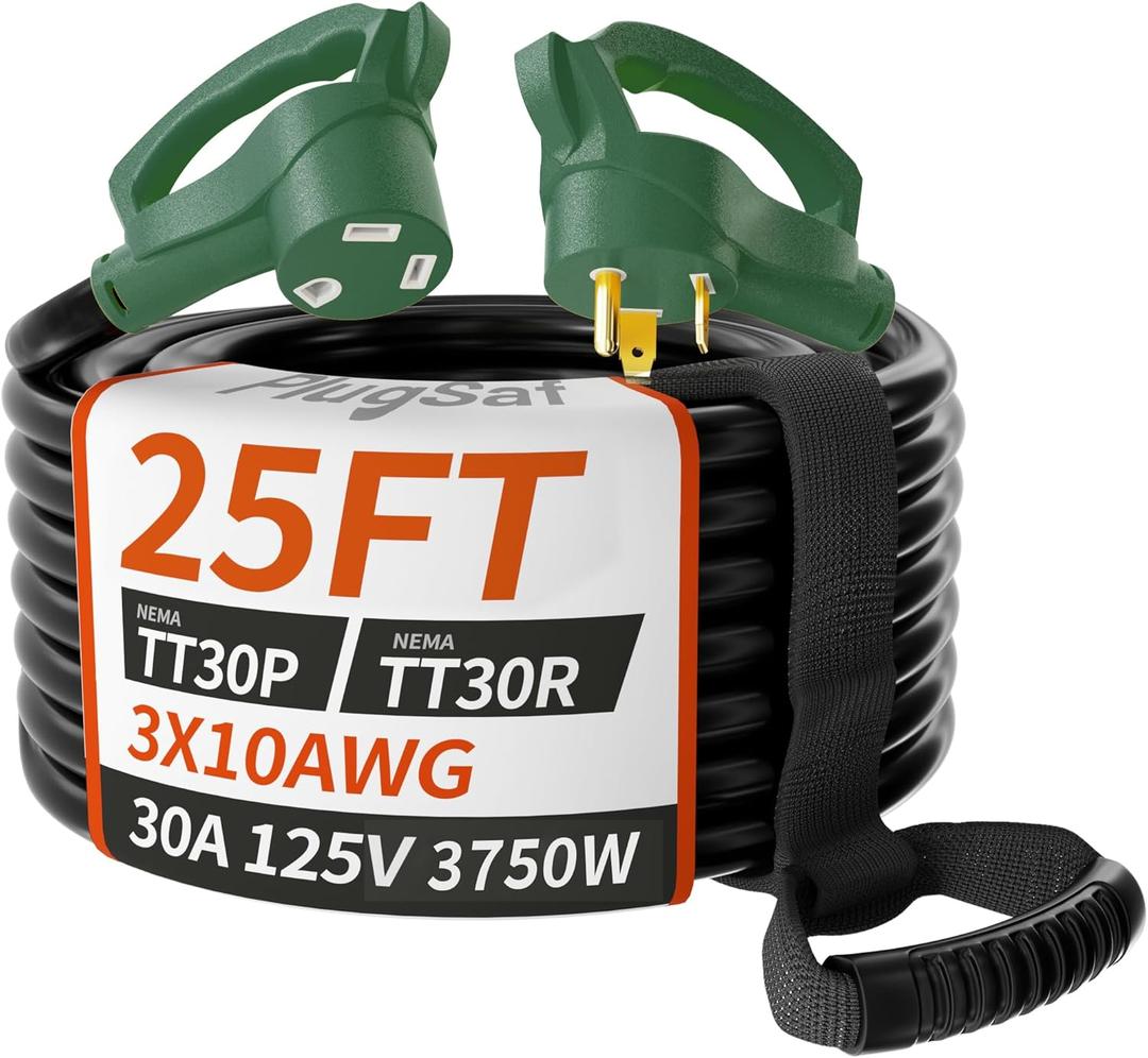 PlugSaf 25 FT 30 Amp RV Extension Cord Outdoor, Flexible Heavy Duty 10/3 Gauge STW RV Power Cord Waterproof with Cable Organizer, NEMA TT-30P to TT-30R, Black-Green, ETL Listed