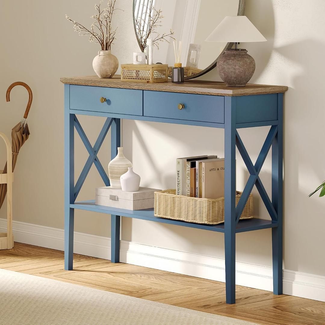 ChooChoo Console Table with Drawers, Narrow Wood Accent Sofa Table Entryway Table with Storage Shelf for Entryway, Front Hall, Hallway, Living Room, Blue, 11.8"D x 39.4"W x 31.5"H
