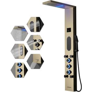 BWE Polished Gold LED Shower Tower Bathroom Shower Panel System with Rainfall Shower Head Rain Massage Stainless Steel Shower Fixtures with Temperature Display