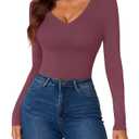 KIFOVEN Women's Sexy Deep V Neck Long Sleeve Bodysuit Dark Red Medium