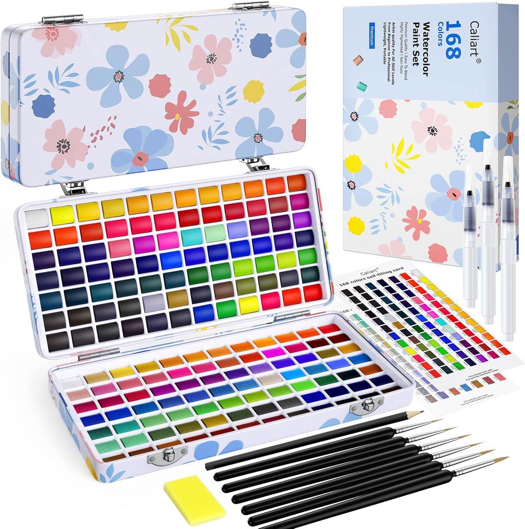 Caliart Watercolor Paint Set, 168 Colors Portable Water Color Palette Kit with Detail Paint Brush, Art Supplies Watercolor Painting Kit Drawing Gifts for Adults Beginners Professional Artists