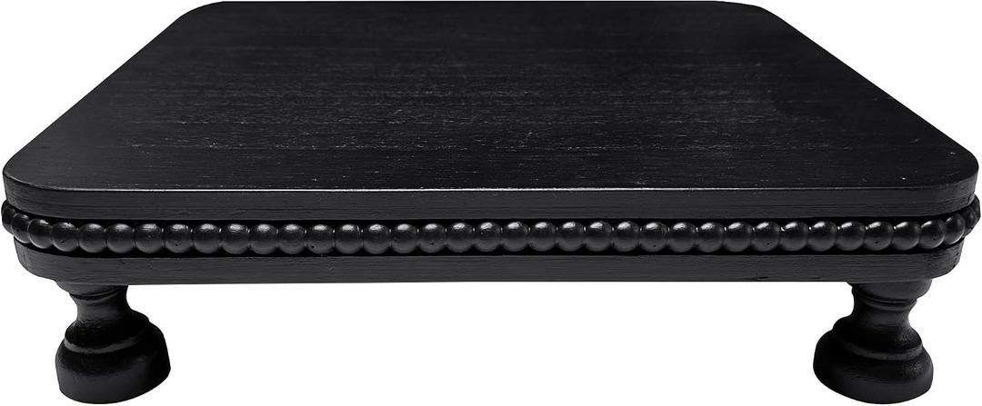 dwellington Farmhouse Display Wood Riser, 12" Decorative Black Beaded Pedestal Stand, Square Tiered Tray Decor for Kitcher Decor, Countertop